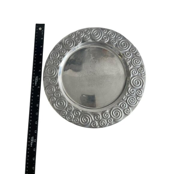 Pewter Black Swirls Metal Decorative Plate 12" Round Silvertone Serving Tray - Picture 1 of 5